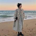 Flower Print Long-sleeve Midi Shift Dress / Double-breasted Midi Trench Coat