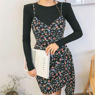 Spaghetti-strap Draped Floral Mini Sheath Dress