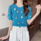 Round-neck Floral Short-sleeve Knit Top