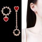 Non-matching Rhinestone Heart Dangle Earring 1 Pair - Sterling Silver Stud - Rose Gold - One Size
