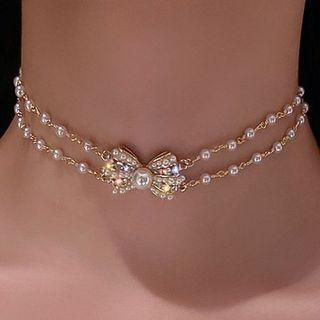 Bow Rhinestone Choker Necklace - Gold - One Size