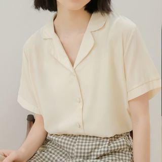V-neck Chiffon Short-sleeve Shirt Almond - One Size