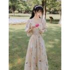 Elbow-sleeve Floral Print Square-neck A-line Midi Dress