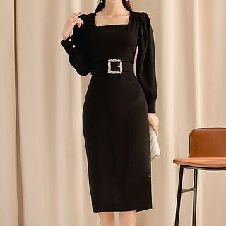 Long-sleeve Square-neck Buckled Midi Sheath Dress