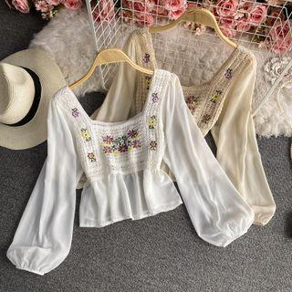 Square-neck Flower Embroidered Panel Cropped Blouse