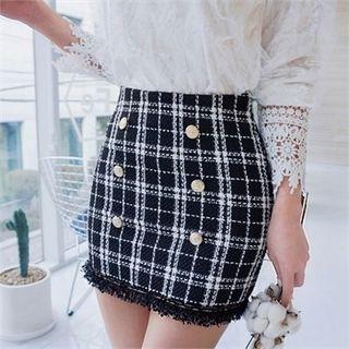Metallic-button Checked Tweed Mini Pencil Skirt