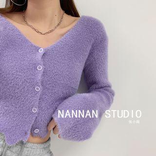 Wave-edge Furry-knit Cropped Cardigan