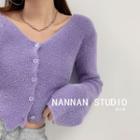 Wave-edge Furry-knit Cropped Cardigan