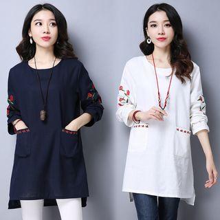 Long-sleeve Embroidered Pocketed T-shirt