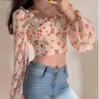 Off-shoulder Floral Print Long-sleeve Cropped Chiffon Top