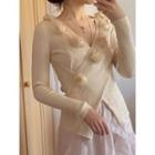 V-neck Flower Applique Wrap Knit Top