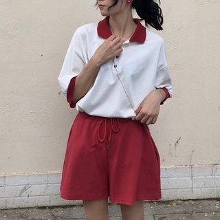 Contrast Trim Elbow-sleeve Polo Shirt / Wide Leg Shorts