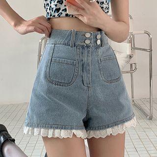 High-waist Lace Trim Pocket Detail Denim Shorts