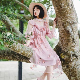 Peach Embroidered A-line Chiffon Dress