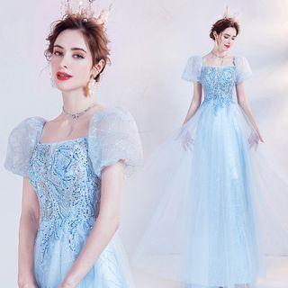 Puff-sleeve Sequined A-line Gown