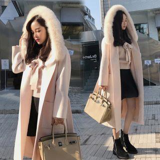 Fluffy Trim Hooded Sashed Long Coat