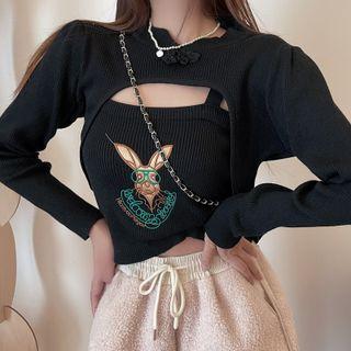 Set: Rabbit Embroidered Camisole + Plain Cropped Sweater
