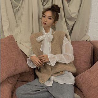 Long-sleeve Tie-neck Top / Buttoned Knit Vest