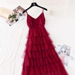 Spaghetti Strap Tiered Mesh Dress
