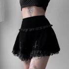 Cross Embroidered Lace Trim Velvet Mini A-line Skirt