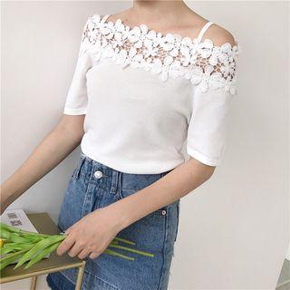 Open Shoulder Lace Panel Short-sleeve Knit Top