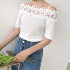 Open Shoulder Lace Panel Short-sleeve Knit Top