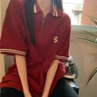 Elbow-sleeve Half-zip Polo Shirt Red - One Size