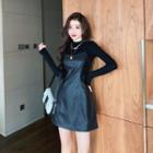 Set: Long-sleeve Mock-neck Top + Spaghetti Strap Faux Leather Mini A-line Dress
