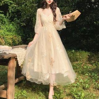 Spaghetti Strap Embroidered Midi Dress / Mesh Cardigan