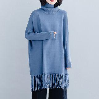 Fringe Turtleneck Sweater Blue - One Size