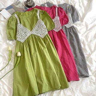 Puff-sleeve Plaid Mock Two-piece Lace Panel Dress