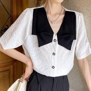 Elbow-sleeve Collar Two-tone Blouse