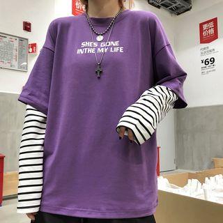 Mock Two-piece Long-sleeve Lettering T-shirt Purple & Stripe - One Size