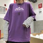 Mock Two-piece Long-sleeve Lettering T-shirt Purple & Stripe - One Size