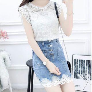 Lace Tank Top / Mini Fitted Denim Skirt