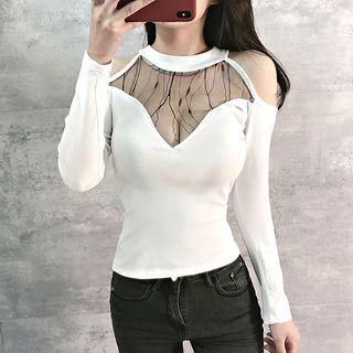 Long-sleeve Cold Shoulder Mesh Panel Top