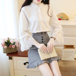Set: Bell-sleeve Blouse + Mini Plaid Sheath Skirt