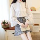 Set: Bell-sleeve Blouse + Mini Plaid Sheath Skirt
