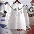 Bear Embroidered Sailor Collar Shirt White - One Size