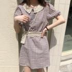 Set: Plaid Short-sleeve Blouse + A-line Skirt
