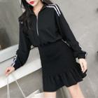 Long-sleeve Stand Collar Contrast-trim Mini Bodycon Dress