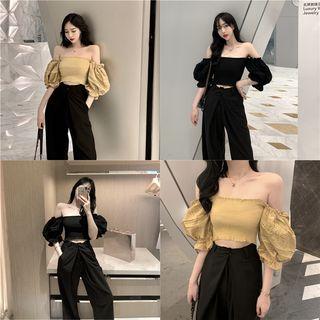 Cold Shoulder Elbow-sleeve Top / Wide Leg Pants