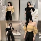 Cold Shoulder Elbow-sleeve Top / Wide Leg Pants