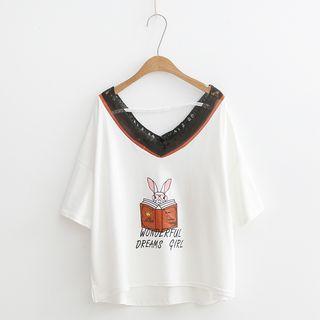 Lace Trim Rabbit Print Short Sleeve T-shirt