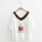 Lace Trim Rabbit Print Short Sleeve T-shirt