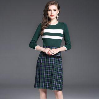 Set: Stripe Long-sleeve Knit Top + Plaid Mini Skirt