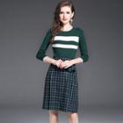 Set: Stripe Long-sleeve Knit Top + Plaid Mini Skirt