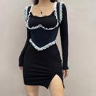 Lace Trim Corset / Plain Long Sleeve Slit Dress