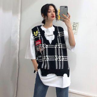 3/4-sleeve T-shirt / Ripped Knit Vest