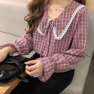 Lace Trim Bell Sleeve Check Blouse